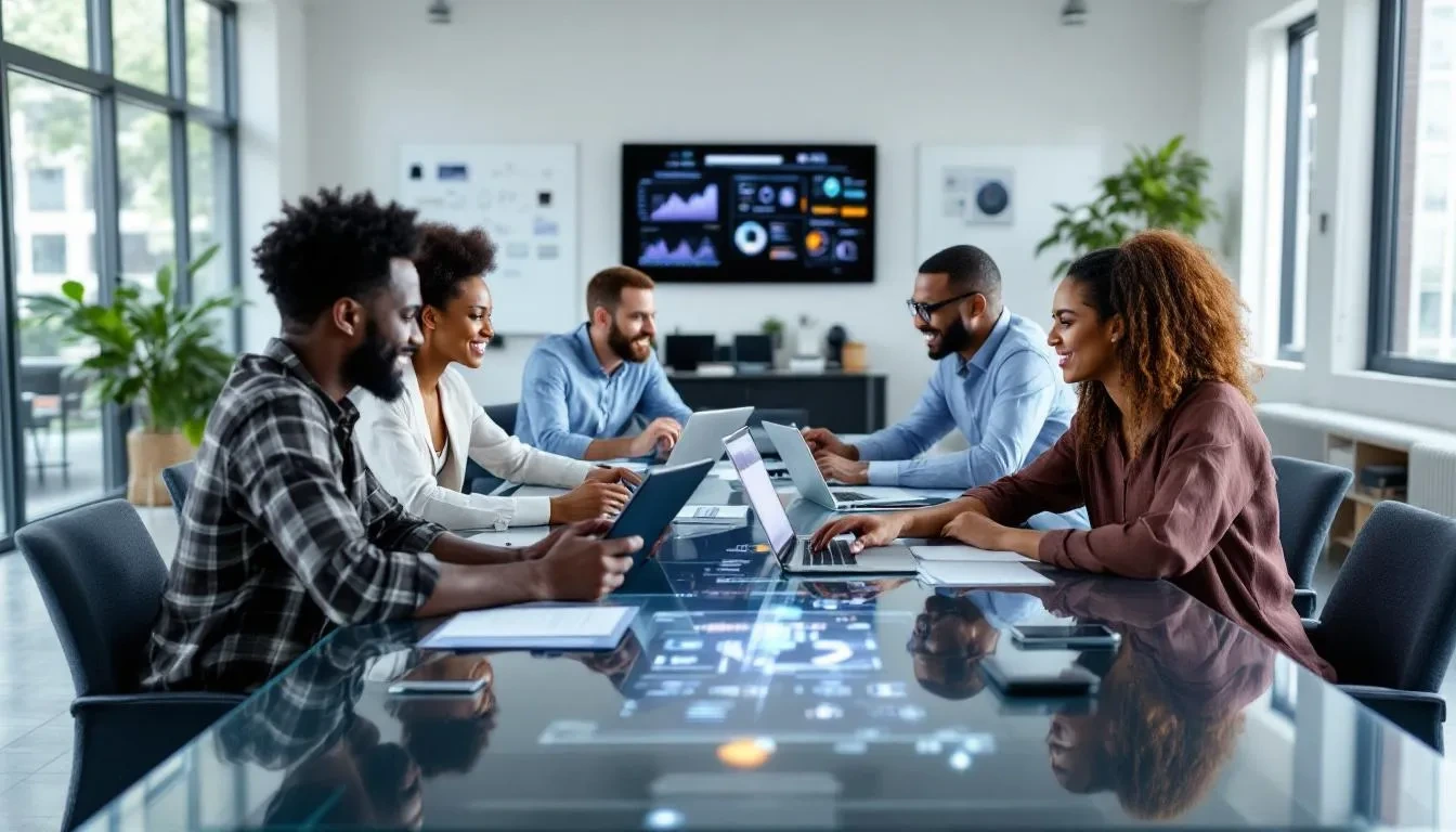 A modern, diverse team is collaborating in a contemporary office space equipped with digital tools and screens, emphasizing a positive workplace culture and employee engagement. The atmosphere reflects a focus on work-life balance and employee well-being, showcasing how younger generations are reshaping traditional work practices.